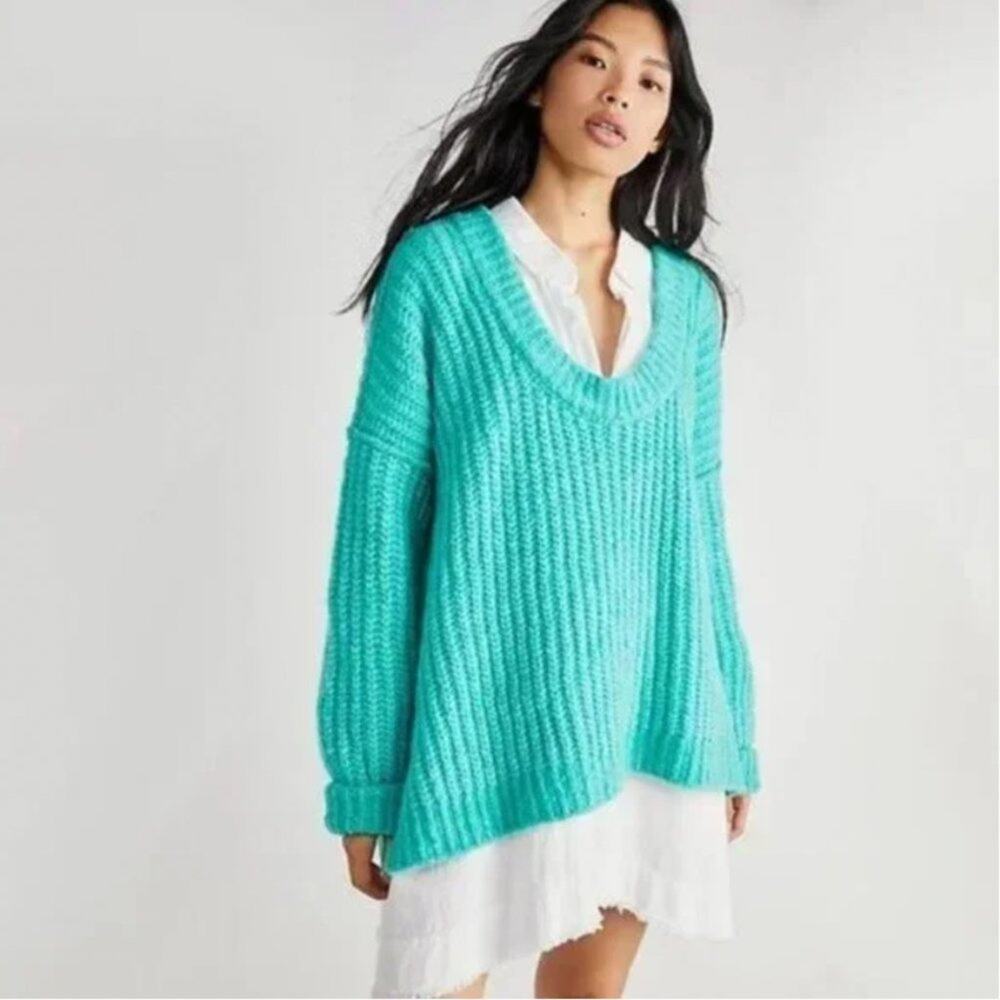 Free People Blue Bell Oversized Sweater in Electric Teal